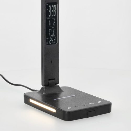 LED asztali lámpa kijelzővel, töltővel, ébresztőórával, CCT DIM, fekete, Kobi