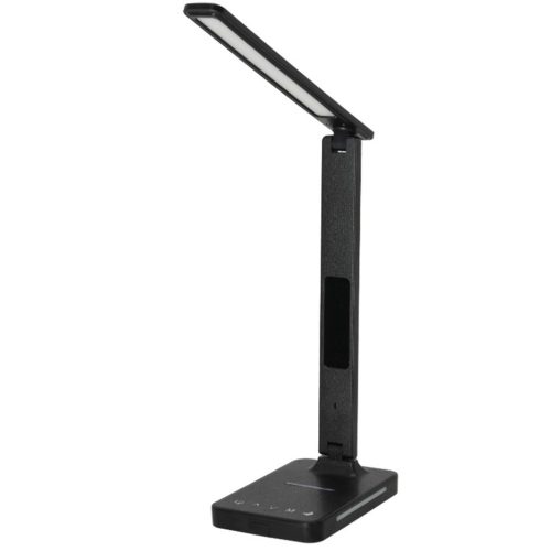 LED asztali lámpa kijelzővel, töltővel, ébresztőórával, CCT DIM, fekete, Kobi