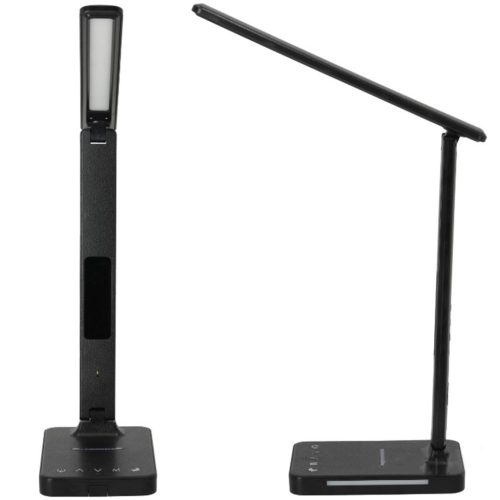 LED asztali lámpa kijelzővel, töltővel, ébresztőórával, CCT DIM, fekete, Kobi