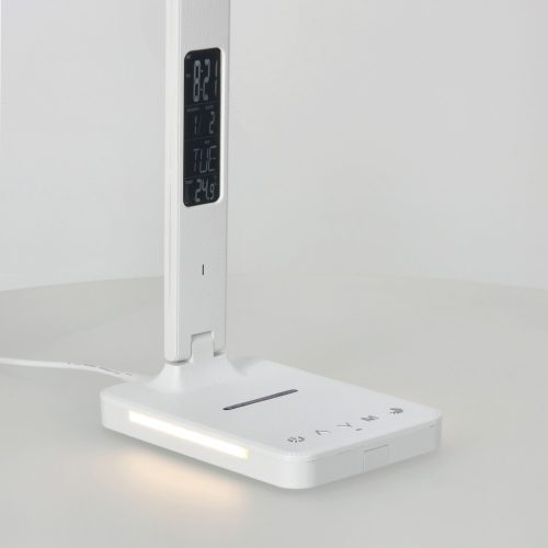 LED asztali lámpa kijelzővel, töltővel, ébresztőórával, CCT DIM, fehér, Kobi