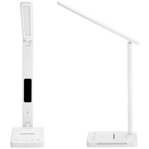 LED asztali lámpa kijelzővel, töltővel, ébresztőórával, CCT DIM, fehér, Kobi
