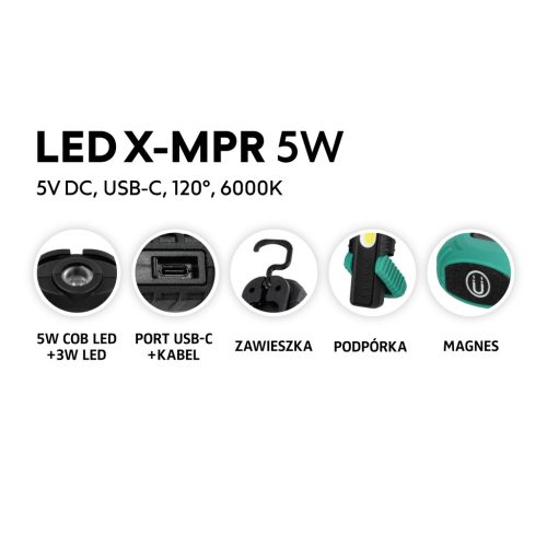 Kompakt zseblámpa, multifunkciós, hordozható, újratölthető lámpa, 5 W, 6000 K, IP54, magnézium, X-MPR Kobi