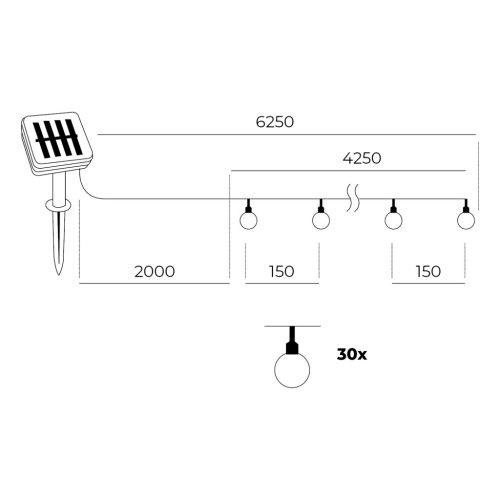 Napelemes lámpa, Girland, Kültéri, Kerti, LED, 0.12W, 3000K, Meleg fekete, IP44, Aura Kobi