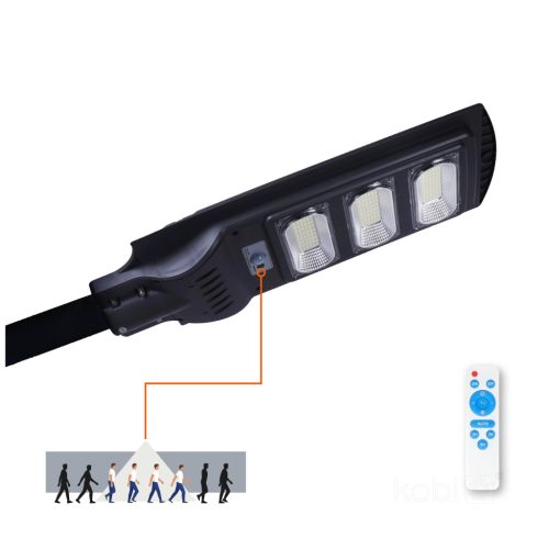 Napelemes LED utcai lámpa, ipari, úti lámpatest, 8W, 850lm, 6500K, hideg fényű, mozgás- és alkonyérzékelővel, IP54, fekete, Urbi Kobi