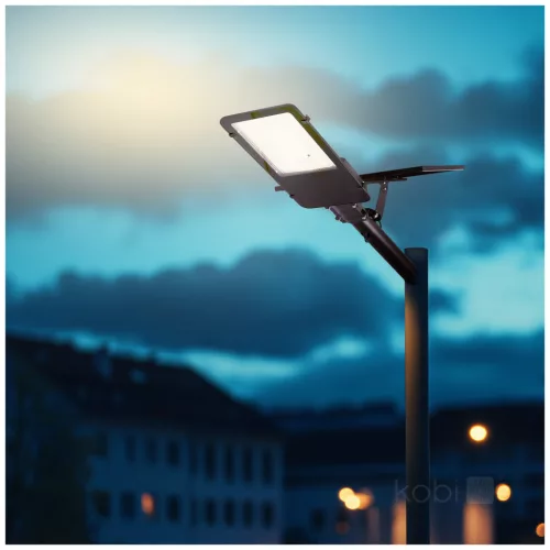 Napelemes LED utcai lámpa, ipari, közúti lámpatest, 11W, 1100lm, 4000K, semleges, alkonykapcsolós, IP54, fekete, Solit Kobi