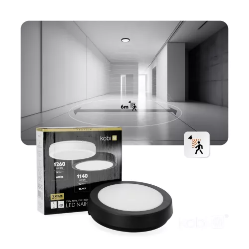 LED fürdőszobai mennyezeti lámpa, felületre szerelhető, 12W, 1140lm, 4000K, 120°, fekete, IP65, Nairos Kobi