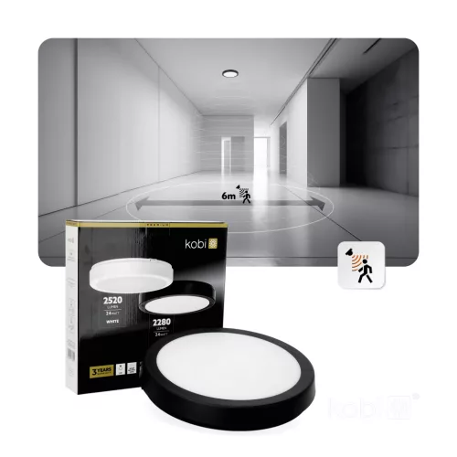 LED fürdőszobai mennyezeti lámpa, felületre szerelhető, 24W, 2280lm, 4000K, 120°, fekete, IP65, Nairos Kobi