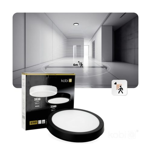 LED fürdőszobai mennyezeti lámpa, felületre szerelhető, 24W, 2280lm, 4000K, 120°, fekete, IP65, Nairos Kobi