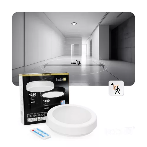 LED fürdőszobai mennyezeti lámpa, felületre szerelhető, 12W, 1260lm, 4000K, 120°, mozgás- és alkonyérzékelővel, fehér, IP65, Nairos Kobi