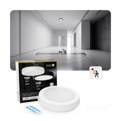 LED fürdőszobai mennyezeti lámpa, felületre szerelhető, 12W, 1260lm, 4000K, 120°, mozgás- és alkonyérzékelővel, fehér, IP65, Nairos Kobi