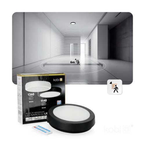 LED kültéri mennyezeti lámpa, 12W, 1140lm, 4000K, 120°, mozgás- és alkonyérzékelővel, fekete, IP65, Nairos Kobi