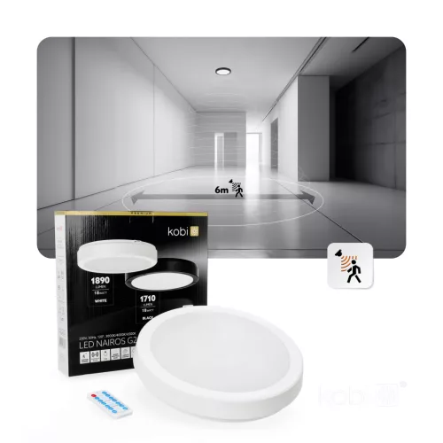 LED fürdőszobai mennyezeti lámpa, 18W, 1890lm, 4000K, 120°, mozgás- és alkonyérzékelővel, fehér, IP65, Nairos Kobi