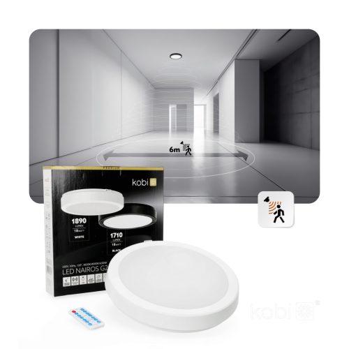 LED fürdőszobai mennyezeti lámpa, 18W, 1890lm, 4000K, 120°, mozgás- és alkonyérzékelővel, fehér, IP65, Nairos Kobi