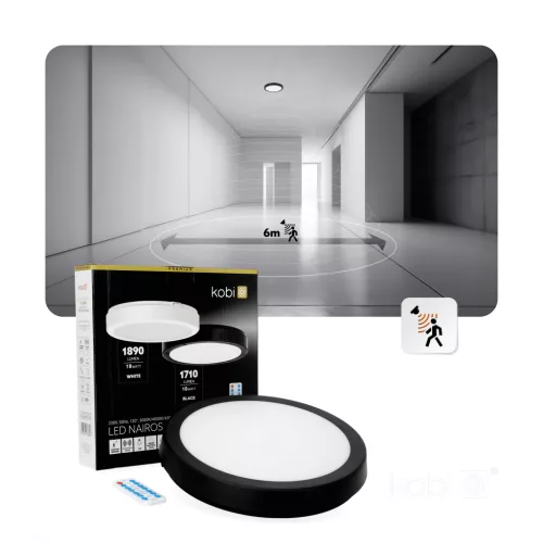 LED fürdőszobai mennyezeti lámpa, 18W, 1710lm, 4000K, 120°, mozgás- és alkonyérzékelővel, fekete, IP65, Nairos Kobi