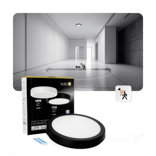 LED fürdőszobai mennyezeti lámpa, 18W, 1710lm, 4000K, 120°, mozgás- és alkonyérzékelővel, fekete, IP65, Nairos Kobi