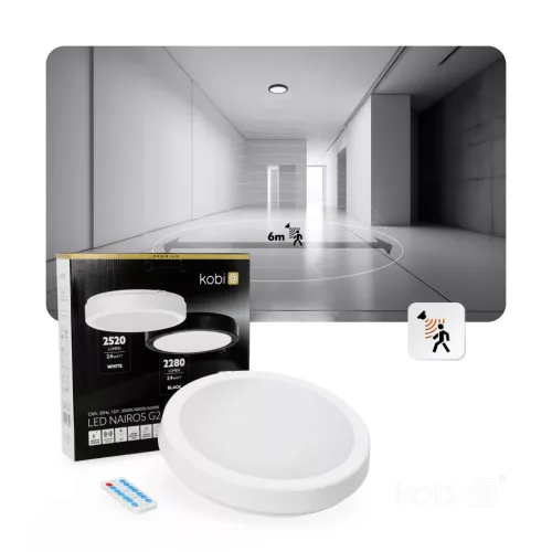 LED fürdőszobai mennyezeti lámpa, felületre szerelhető, 24W, 2520lm, 4000K, 120°, mozgás- és alkonyérzékelővel, fehér, IP65, Nairos Kobi