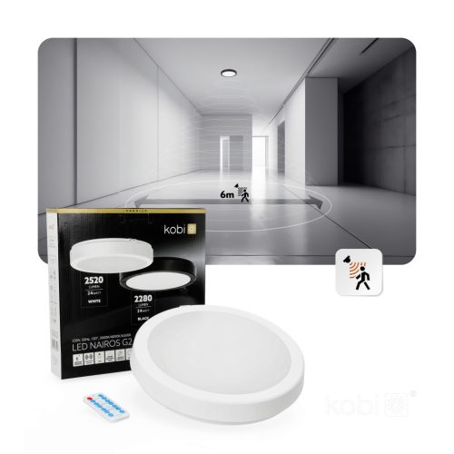 LED fürdőszobai mennyezeti lámpa, felületre szerelhető, 24W, 2520lm, 4000K, 120°, mozgás- és alkonyérzékelővel, fehér, IP65, Nairos Kobi