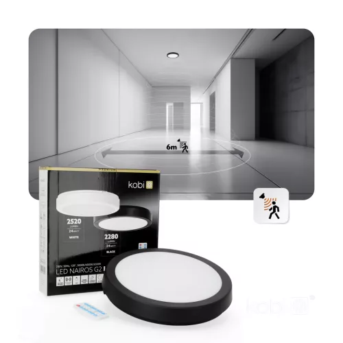 LED fürdőszobai mennyezeti lámpa, felületre szerelhető, 24W, 2280lm, 4000K, 120°, mozgás- és alkonyérzékelővel, fekete, IP65, Nairos Kobi