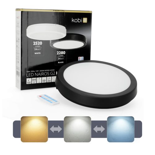 LED fürdőszobai mennyezeti lámpa, felületre szerelhető, 24W, 2280lm, 4000K, 120°, mozgás- és alkonyérzékelővel, fekete, IP65, Nairos Kobi