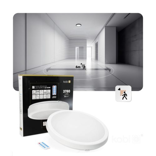 LED fürdőszobai mennyezeti lámpa, felületre szerelhető, 36W, 3780lm, 4000K, 120°, mozgás- és alkonyérzékelővel, fehér, IP65, Nairos Kobi