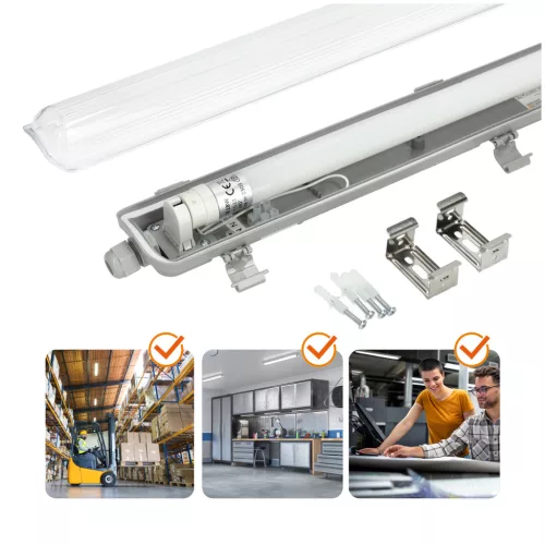 Lámpa szett: Hermetikus ipari lámpatest 1x120cm + LED fénycső T8 18W 4000K semleges IP65 Kobi