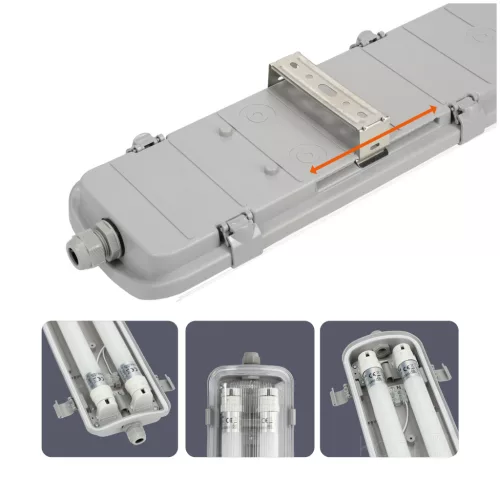 Lámpa szett: Hermetikus ipari lámpatest 2x120cm + LED fénycső T8 18W 6500K Hideg IP65 Kobi