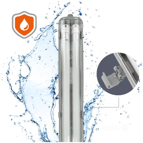 Lámpakészlet: Hermetikus ipari lámpatest G2 + 2x LED fénycső T8 18W 120cm 4000K Semleges IP65 Kobi