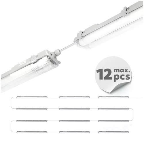 Lámpakészlet: Hermetikus ipari lámpatest G2 + 2x LED fénycső T8 18W 120cm 6500K Hideg IP65 Kobi