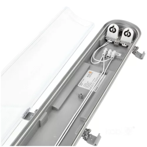 Lámpakészlet: Hermetikus ipari lámpatest G2 + 2x LED fénycső T8 18W 120cm 6500K Hideg IP65 Kobi