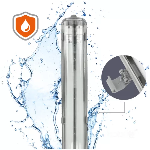 Lámpakészlet: Hermetikus ipari lámpatest G2 + 2x LED fénycső T8 18W 120cm 6500K Hideg IP65 Kobi