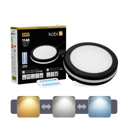 LED fürdőszobai mennyezeti lámpa, 12W, 1140lm CCT, 120°, mozgás- és alkonyérzékelővel, fekete, IP65, IK08, Nairos Kobi