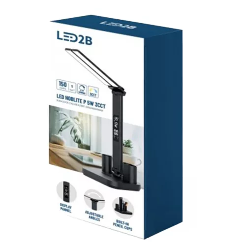 LED éjjeli/asztali lámpa 5W 150lm 3000-6500K CCT kijelzővel állítható fényerő-szabályozható USB fekete NOBLITE KOBI