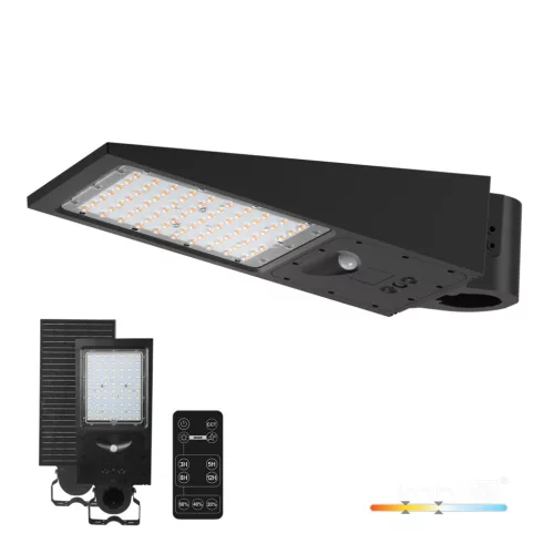 Napelemes LED utcai lámpa, ipari úti lámpatest, 30W, 4800lm CCT, mozgás- és alkonyérzékelővel, IP65, IK07, fekete, Kobi utcai lámpa