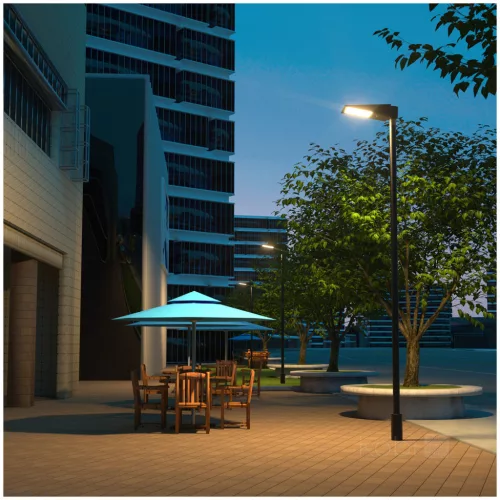 Napelemes LED utcai lámpa, ipari úti lámpatest, 30W, 4800lm CCT, mozgás- és alkonyérzékelővel, IP65, IK07, fekete, Kobi utcai lámpa