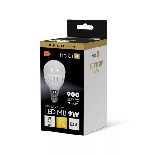 E14 LED gömbizzó 9W 900lm 3000K Meleg 200° Prémium Kobi