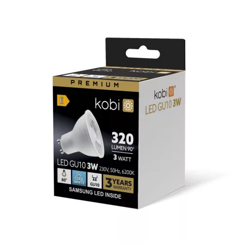 LED izzó GU10 spotlámpa 3W 270lm 6200K Hideg 80° Prémium Kobi