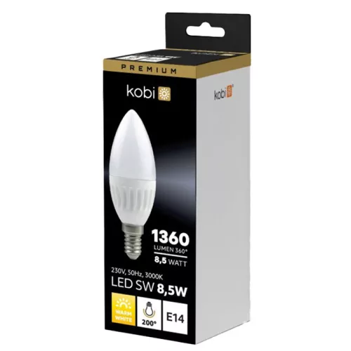 LED izzó E14 gyertya B35 8.5W 1360lm 3000K Meleg 200° Kobi Prémium