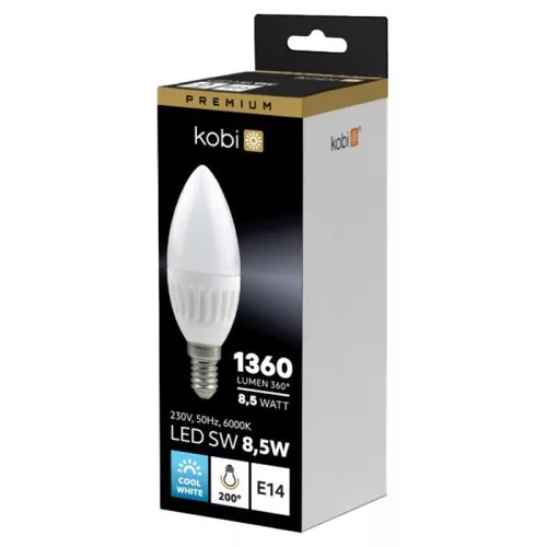 LED izzó E14 gyertya B35 8.5W 1360lm 6000K Hideg 200° Kobi Premium