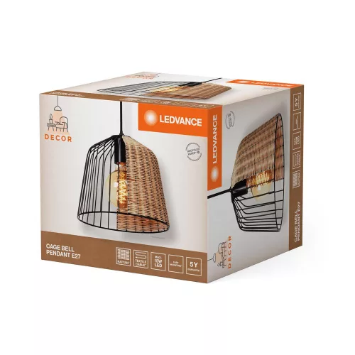 Dekoratív E27 Függesztett Mennyezeti Lámpa Fekete Barna Rattan Dekorációval Ledvance