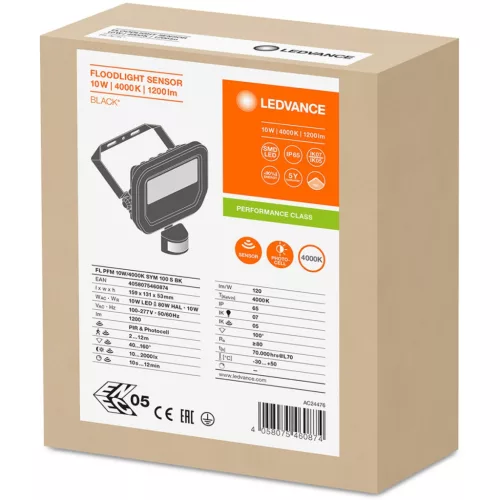 LED-es reflektor 10W 1200lm 4000K IP65 fekete mozgás- és alkonyérzékelővel LEDVANCE reflektor