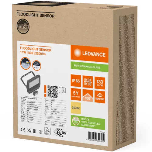 LED-es reflektor 17W 2200lm 3000K IP65 fekete mozgásérzékelővel LEDVANCE reflektor