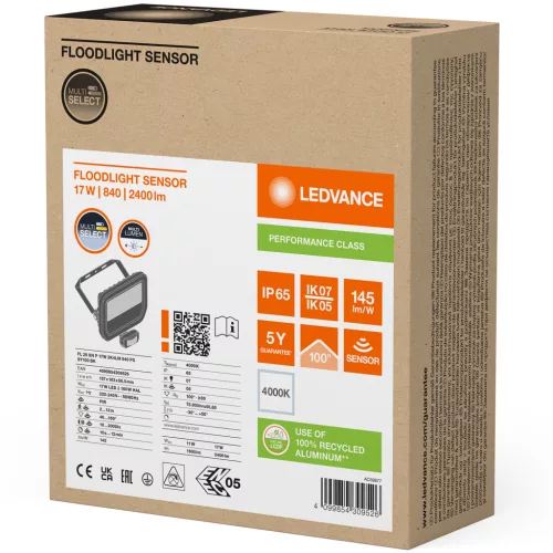 LED-es reflektor 17W 2400lm 4000K IP65 fekete mozgásérzékelővel LEDVANCE reflektor