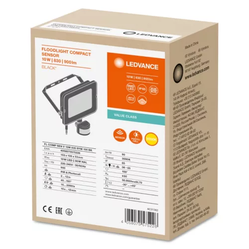 LED reflektor 10W 900lm 3000K IP65 fekete mozgás- és alkonyérzékelővel LEDVANCE COMPACT V