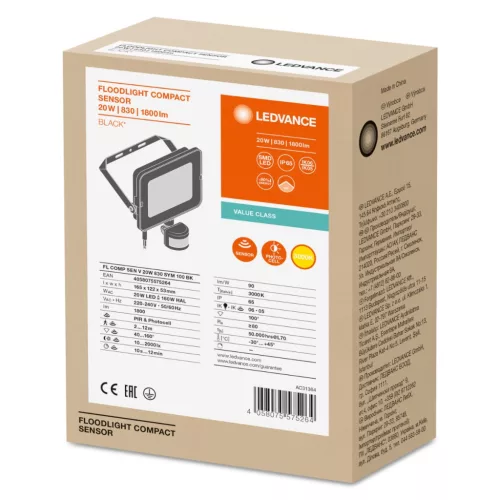 LED reflektor 20W 1800lm 3000K IP65 fekete mozgás- és alkonyérzékelővel LEDVANCE COMPACT V