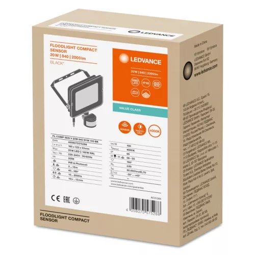 LED reflektor 20W 2000lm 4000K IP65 fekete mozgás- és alkonyérzékelővel LEDVANCE COMPACT V