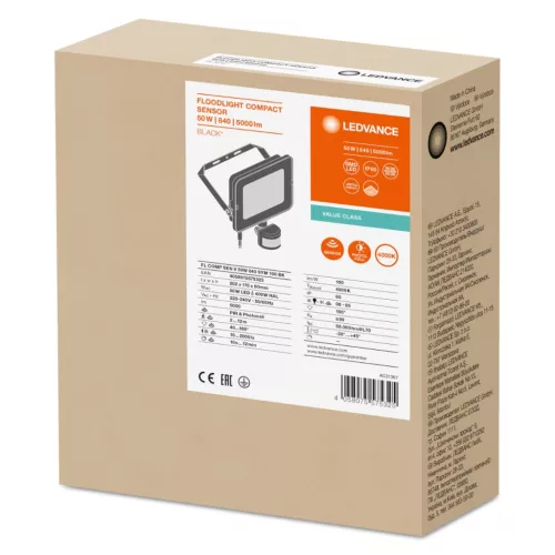 LED reflektor 50W 4500lm 4000K IP65 fekete mozgás- és alkonyérzékelővel LEDVANCE COMPACT V
