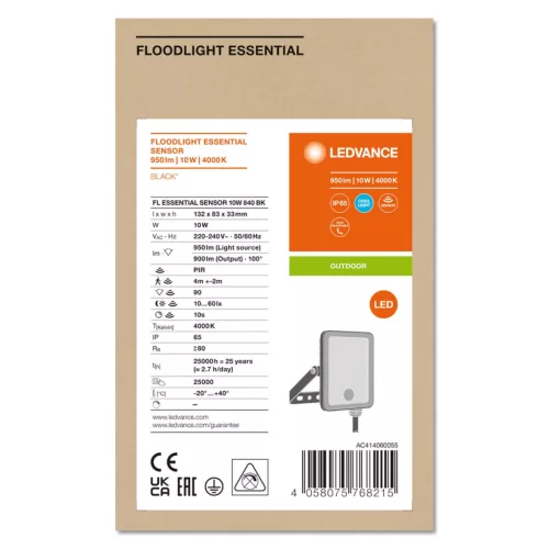 LED reflektor 10W 4000K 900lm IP65 fekete LEDVANCE ESSENTIAL SENSOR mozgásérzékelővel