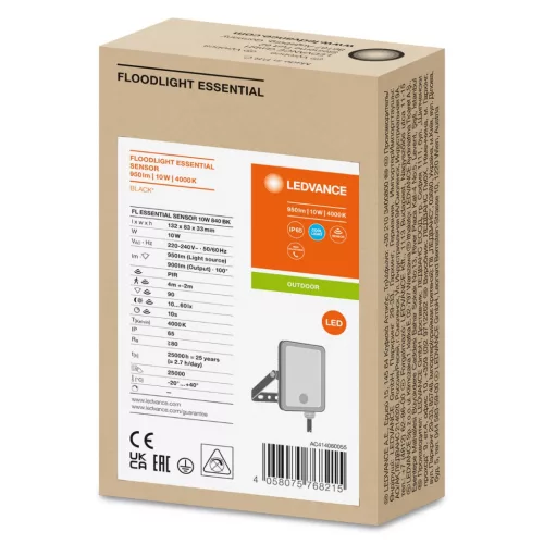 LED reflektor 10W 4000K 900lm IP65 fekete LEDVANCE ESSENTIAL SENSOR mozgásérzékelővel