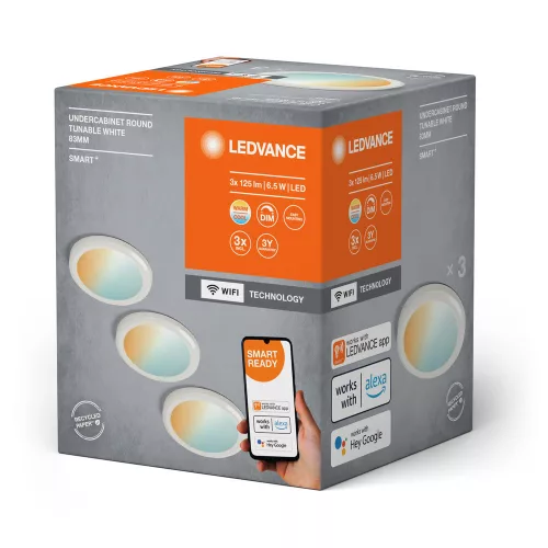 3x Okos Szekrény alatti Lámpatest 6.5W 210lm CCT 83mm Szabályozható Fehér SMART+ WiFi Szekrény alatti Kerek Ledvance