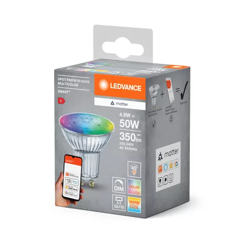LED izzó GU10 4.9W = 50W 350lm RGB CCT szabályozható fényerővel SMART+ Matter WiFi Ledvance